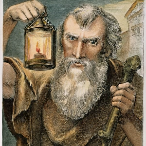 DIOGENES (c412-323 B. C. ). Diogenes and his lantern, with which he searched for an honest man. 19th century engraving
