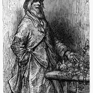 DORE: HARDWARE DEALER, 1872. A hardware dealer at the New Cut Market in London, England. Wood engraving after Gustave Dore from London: A Pilgrimage, 1872