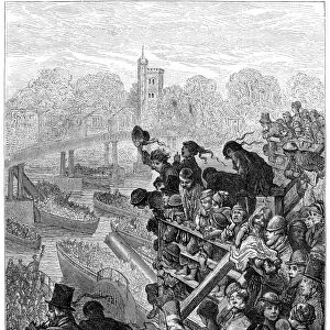 DORE: LONDON: 1872. Putney Bridge - The Return. A boat race on the Thames River