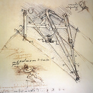 Drawings by Leonardo da Vinci of an ornithopter with pilot, and a life-preserver