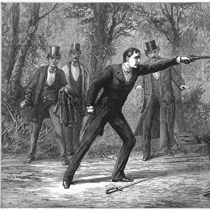 DUEL, 1874. Two gentlemen fighting a duel with pistols and swords. Line engraving, 1874