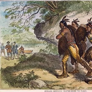 DUTCH FUR TRADERS, 17th C. Native Americans bringing furs to Dutch traders. Wood engraving, 19th century