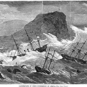 EARTHQUAKE AND TIDAL WAVE at Arica, Peru (now Chile), 13 August 1868: contemporary American wood engraving
