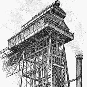 ELEVATOR TOWER, 1891. The tower at Weehawken, New Jersey, whose elevator cars carried commuters between the Hudson River ferry terminal at the base of the Palisades and the train station at the top. Wood engraving, American, 1891