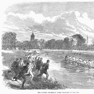 ENGLAND: BOAT RACE, 1866. The Oxford University eight team training on the Thames (Isis) River for the yearly Oxford and Cambridge boat race. Wood engraving, English, 1866