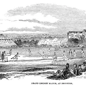 ENGLAND: CRICKET, 1844. Grand cricket match at Brighton, England. Wood engraving