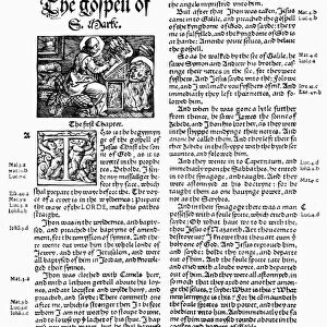 ENGLISH BIBLE, 1535. The beginning of the Gospel of St. Mark from the first printed English Bible, translated by William Tyndale and Miles Coverdale, 1535
