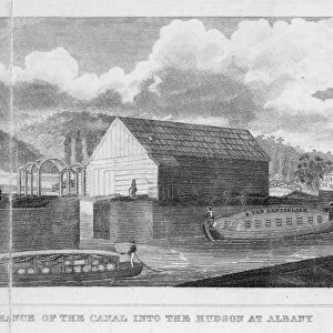 ERIE CANAL, 1825. Entrance of the canal into the Hudson at Albany, New York. Line engraving, 1825