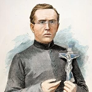 FATHER DAMIEN (1840-1889). Full name: Joseph Damien De Veuster. Belgian priest. Colored engraving, 1889