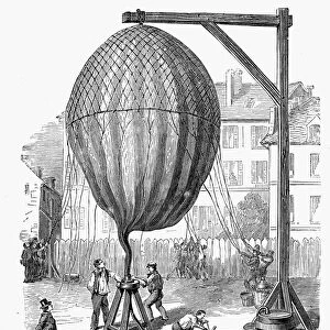Filling Jacques Alexandre Cesar Charles balloon with hydrogen gas, c1783. Wood engraving, French, 1880