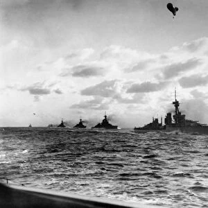 A fleet of British Orion-class battleships, including the HMS Orion, HMS Thunderer, HMS Monarch and HMS Conquerer. Photographed during World War I