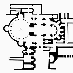 Floor plan of the Church of the Holy Sepulchre. A: The location of the tomb of Jesus Christ. B: The location of the crucifix of Christ