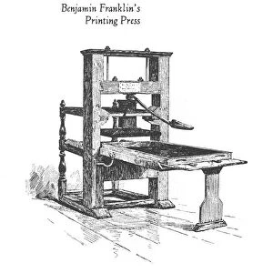 FRANKLINs PRINTING PRESS. The printing press of Benjamin Franklin, who established himself as a printer at Philadelphia c1730: wood engraving