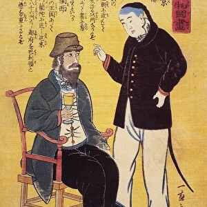A French merchant with the Chinese immigrant serving as his intermediary to the Japanese at Yokohama. Note the immigrants Western garb, popular with the Japanese at that time. Japanese woodblock print, Edo period, 1861