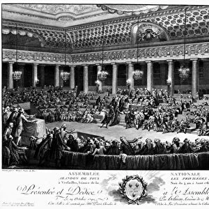 FRENCH REVOLUTION, 1789. Scene at the National Assembly at Versailles, the night of August 4-5, 1789. Members are debating the abolition of feudal priviliges. Contemporary French line engraving after C. Monnet, painter to the King