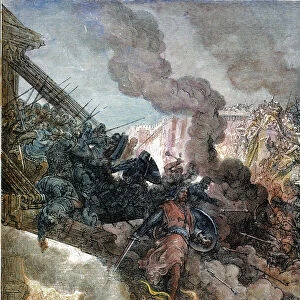 GODFREY OF BOUILLON at the storming of Jerusalem on July 15, 1099: colored engraving after Gustave Dor