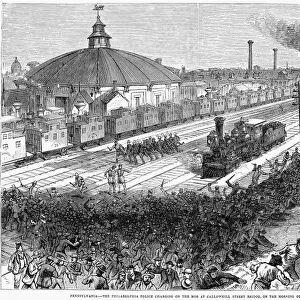 GREAT RAILROAD STRIKE, 1877. The Philadelphia, Pennsylvania, police charging on the mob at Callowhill Street Bridge, on the morning of 23 July 1877. Wood engraving from an contemporary American newspaper
