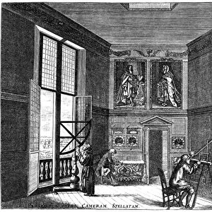 GREENWICH OBSERVATORY. A late 17th century engraving of the old observing-room at the Greenwich Observatory, England. Shown are the three original observers, John Flamsteed, the Astronomer Royal, his one paid assistant, and a friend, Marsh