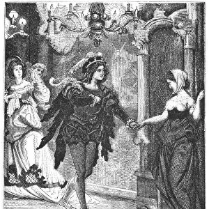 GRIMM: KING THRUSHBEARD. He advanced, and took her by the hand. Line engraving, late 19th century