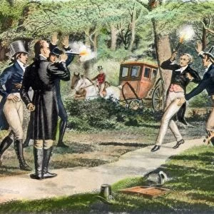 HAMILTON-BURR DUEL, 1804. The duel fought between Alexander Hamilton (right) and Aaron Burr at Weehawken, New Jersey, 11 July 1804, in which Hamilton was fatally wounded