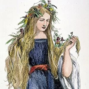 HAMLET: OPHELIA GONE MAD. Ophelia, gone mad, distributes flowers: wood engraving after Sir John Gilbert for Act IV, scene 5 of William Shakespeares Hamlet