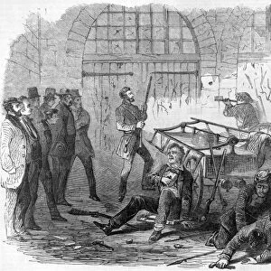 HARPERs FERRY, 1859. John Brown and others with rifles and pikes, with hostages inside the engine house of the Harpers Ferry Armory, 18 October 1859. Wood engraving, American, 1859