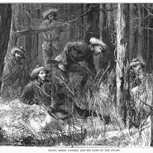 HENRY BERRY LOWERY (c1844-c1872). American outlaw. Lowery and his band of guerillas in the swamps of Robeson County, North Carolina. Wood engraving from an American newspaper of 1872