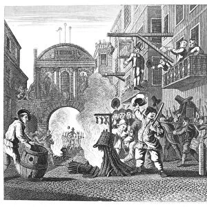 HOGARTH: HUDIBRAS, 1726. The Burning of the Rumps at Temple Bar. Steel engraving, c1860, after the original engraving, 1726, by William Hogarth