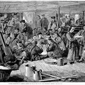 IMMIGRANTS: CHINESE, 1876. Chinese immigrants aboard the steamship Alaska bound for San Francisco, California. Wood engraving, American, 1876