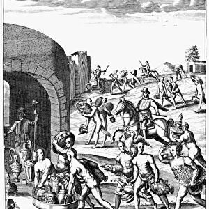 INCA EMPIRE: CONQUEST. Inca natives of Peru collecting a ransom of gold and silver to be given to the Spanish conquistadors under Francisco Pizarro, in exchange for the release of King Atahualpa. The king was never released. Line engraving from a 1688 English edition of the Royal Commentaries of Peru, by Garcilaso de la Vega, el Inca