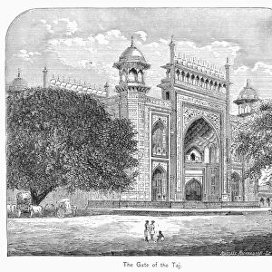 INDIA: TAJ MAHAL. View of the gateway of the Taj Mahal in Agra, India. Wood engraving, 19th century