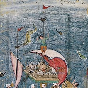 Detail of an Indian Mughal painting, c1590, depicting Noahs Ark threatened, according to Muslim tradition, by Iblis, the devil, who was thrown overboard by Noahs sons
