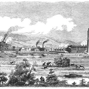 IRON WORKS, 1855. The Montour Iron Works on the Pennsylvania Canal at Danville, Pennsylvania. Wood engraving, 1855