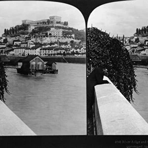 ITALY: VERONA, 1902. The Adige River and San Pietro Castle in Verona, Italy. Stereograph