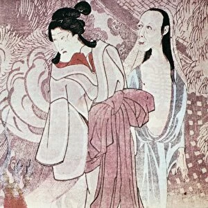 JAPAN: GHOST. Japanese woodcut showing a hostile spirit plaguing a woman. Woodcut