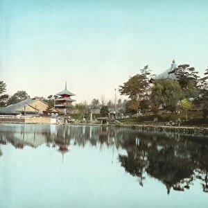 JAPAN: TEMPLE, c1890. A temple in Japan. Hand-colored photograph, c1890