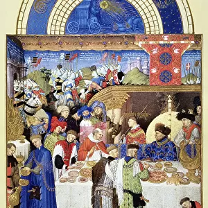 Jean, Duke of Berry, exchanging gifts and feasting with his family and friends in January. Illumination from the 15th century manuscript of the Tres Riches Heures of Jean, Duke of Berry