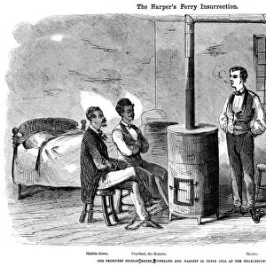 JOHN BROWN RAID, 1859. Three of John Browns band in their jail cell at Charles Town, Virginia (present-day West Virginia), 1859. Contemporary American wood engraving