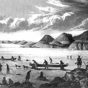 JOHN FRANKLIN EXPEDITION. Sir John Franklins expedition at Point Lake in the Canadian Arctic in 1821. Engraved plate from Franklins Narrative of a Journey to the Shores of the Polar Sea, 1823