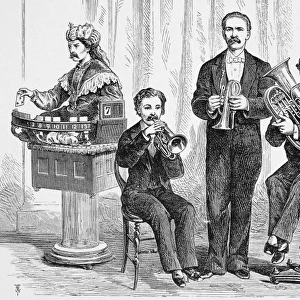 JOHN MASKELYNE (1839-1917). John Nevil Maskelyne. English magician. Maskelyne with four of his mechanical people. Line engraving, 19th century