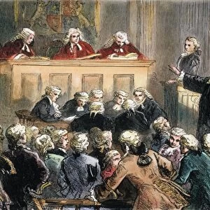 JOHN PETER ZENGER TRIAL. Andrew Hamilton defending Zenger, an American printer and journalist, at the latters trial for seditious libel in New York in 1735: colored engraving, 19th century