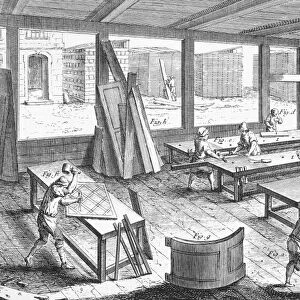 JOINERs SHOP. Inside the joiners shop. One sawyer handles the ripsaw (a) and another the crosscut saw (b). At the far worktables, the two-man plane (e) and brace-and-bit (d) are in use. At the left (f) a piece of parquet flooring is being finished, and completed articles of joinery stand about awaiting delvery (g, h). Engraving, 18th century