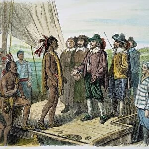 LEONARD CALVERT (1606-1647). English colonial governor. Calvert meeting with Native Americans of Maryland in 1634. Wood engraving, American, 19th century