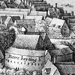 LONDON: GLOBE THEATRE. The Globe Theater (mislabeled the Bear-Baiting arena ) as shown in a detail from Wenceslaus Hollars Long View of London, England, 1647
