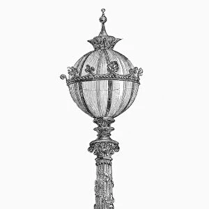 LONDON: STREET LAMP, 1870. Lamp on the Thames Embankment in London, England. Wood engraving, English, 1870