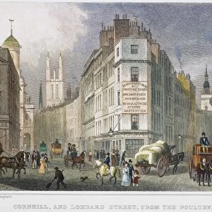 LONDON: STREET SCENE, 1830. A street scene from the City of London: colored engraving, English, 1830