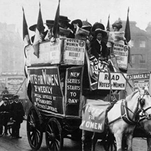 LONDON: SUFFRAGETTES, 1909. Advertising the new issue of the suffragette weekly Votes for Women by omnibus through the streets of London in 1909