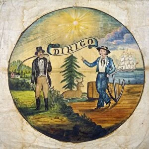 MAINE: STATE MOTTO. Dirigo (I lead), the state motto of Maine, because Maine once was the only state to hold elections in September. Painting on cloth, mid-19th century