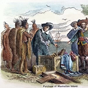 MANHATTAN PURCHASE, 1626. Peter Minuit (1580-1638) Dutch colonial official in America. Peter Minuits purchase of Manhattan Island, 1626. Colored engraving, 19th century