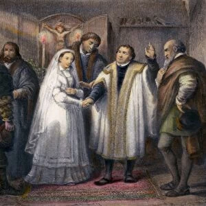 MARTIN LUTHER (1483-1546). German religious reformer. Luthers marriage to the former nun, Katharina von Bora, in 1525. Steel engraving, 19th cetury
